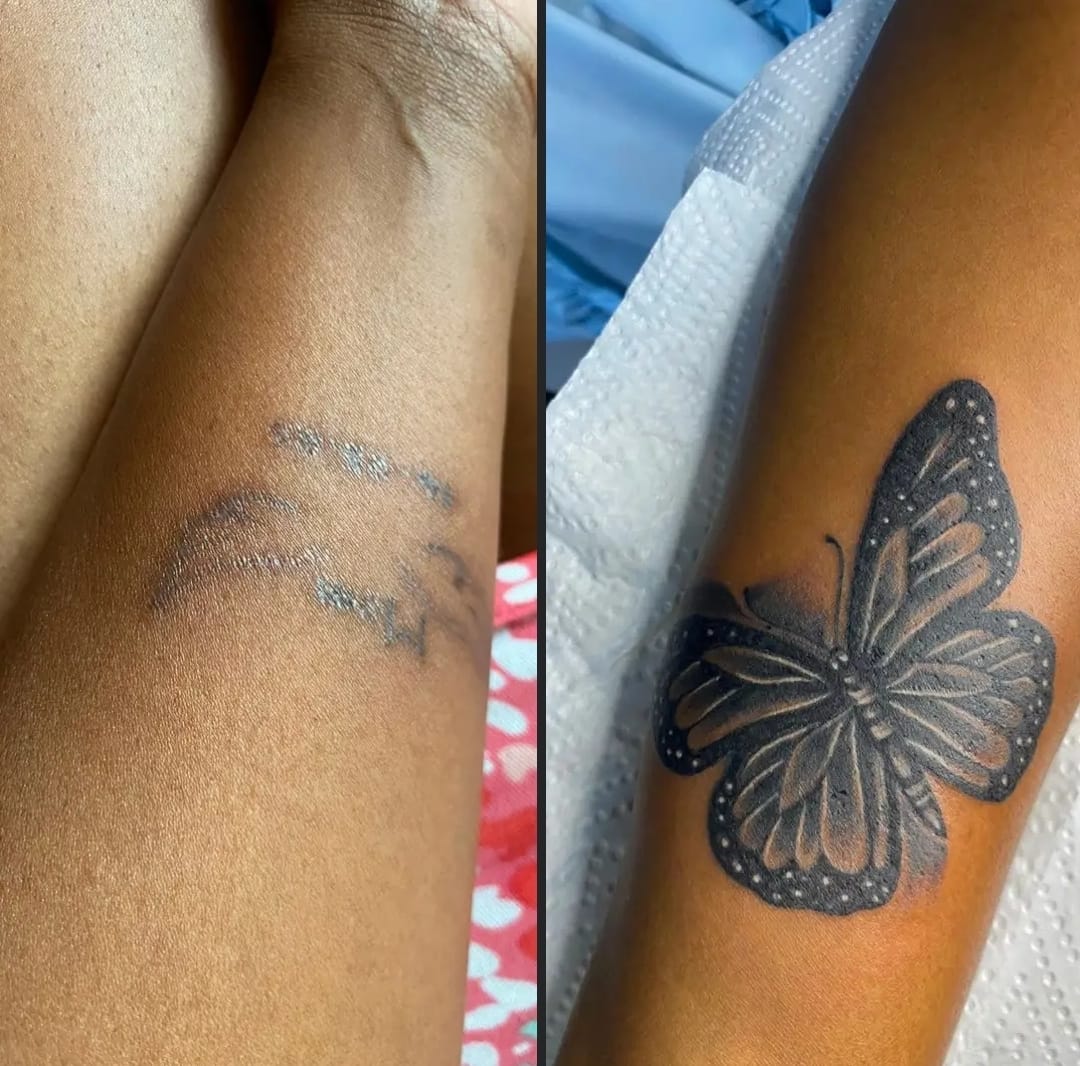 Before: existing tattoo prior to the butterfly cover-up