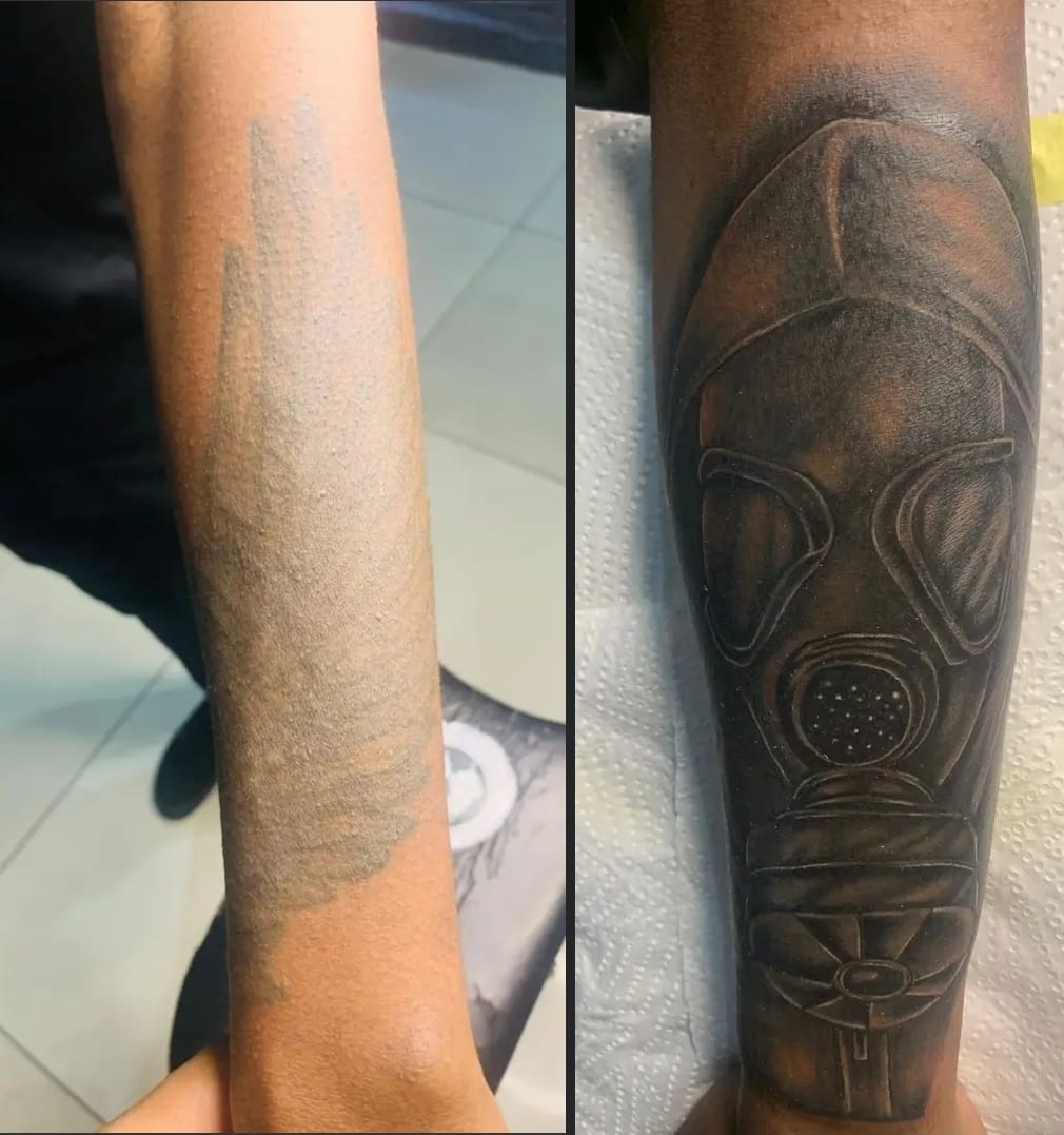 Before: existing tattoo prior to the gas-mask cover-up